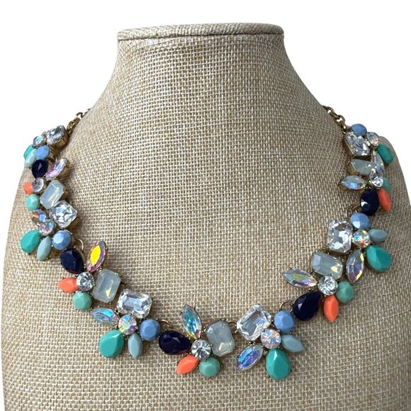 J. Crew Statement Necklace With Colorful Floral Crystal Design & Gold-Tone Chain - Picture 1 of 8